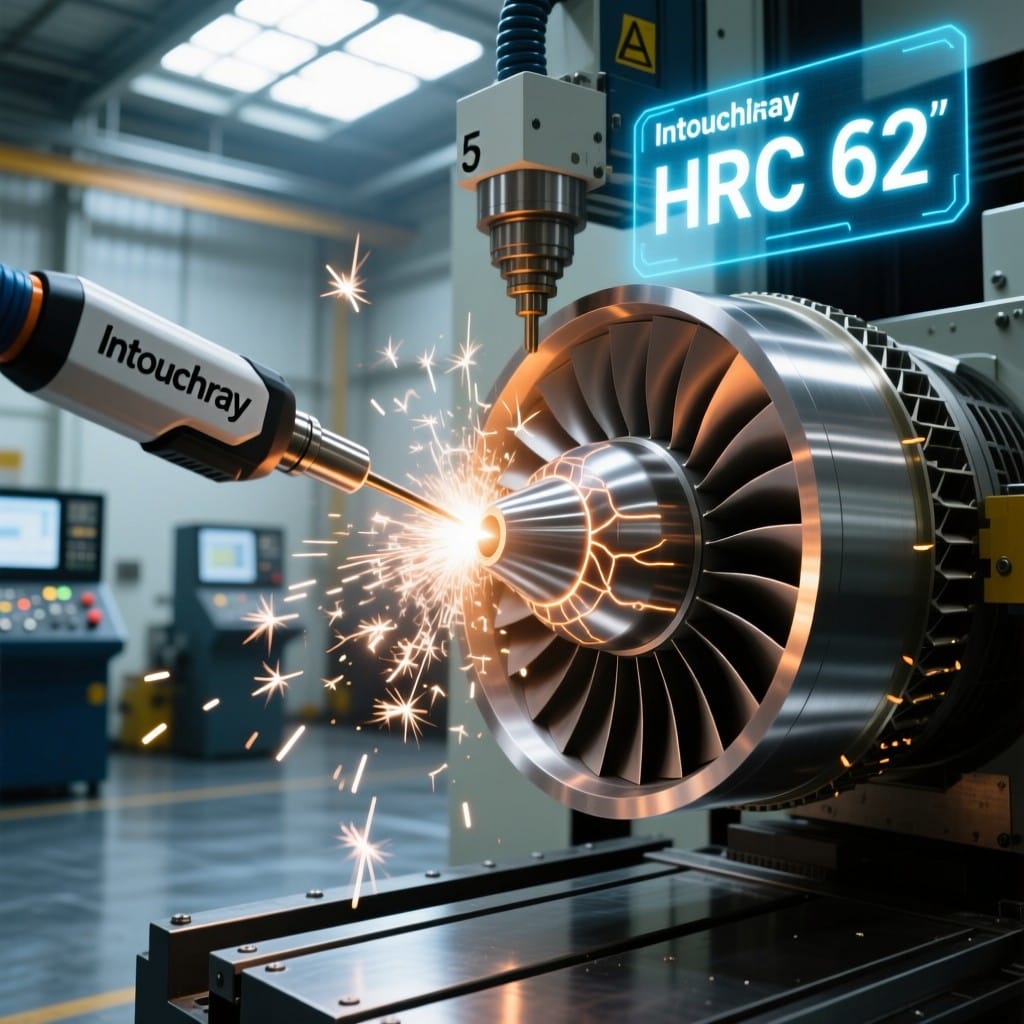 Intouchray laser torch performing HRC 62 cladding on aerospace turbine blade using 5-axis CNC system