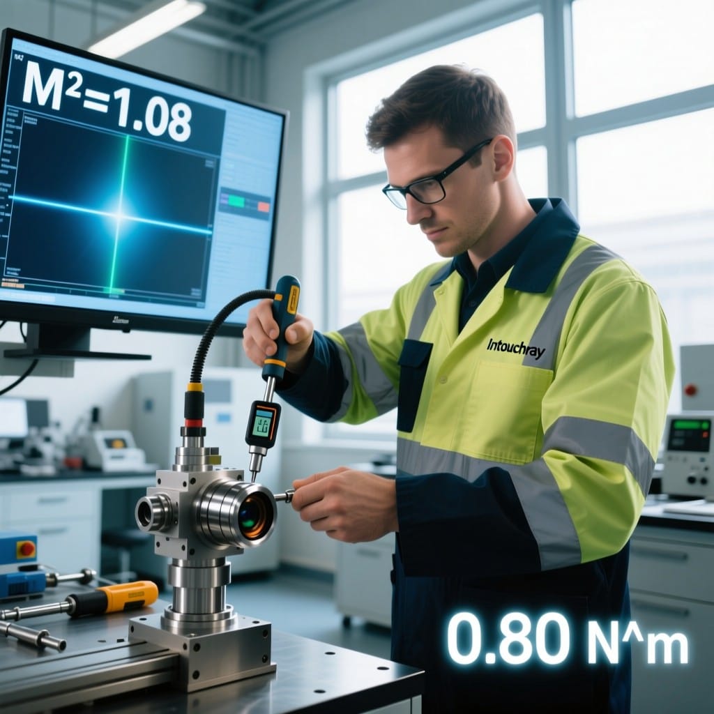 Intouchray technician installing laser collimator lens with calibrated torque wrench while monitoring beam quality in real-time to ensure M²≤1.1 specification