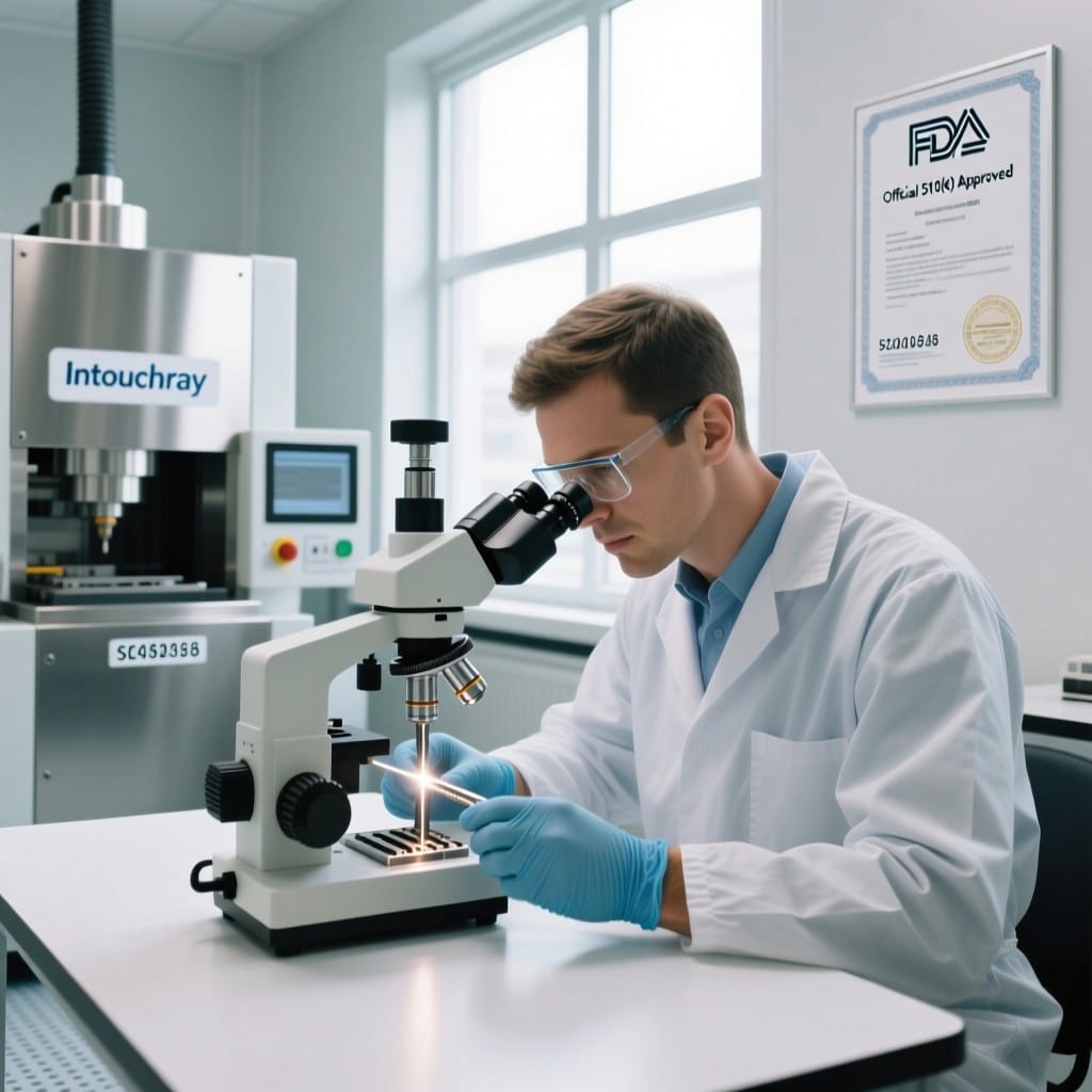 Medical device engineer inspecting laser-welded component with Intouchray compliance documentation visible