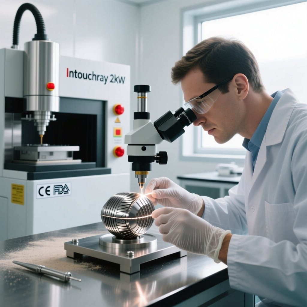Medical engineer inspecting laser-welded titanium implant using Intouchray FDA-cleared system