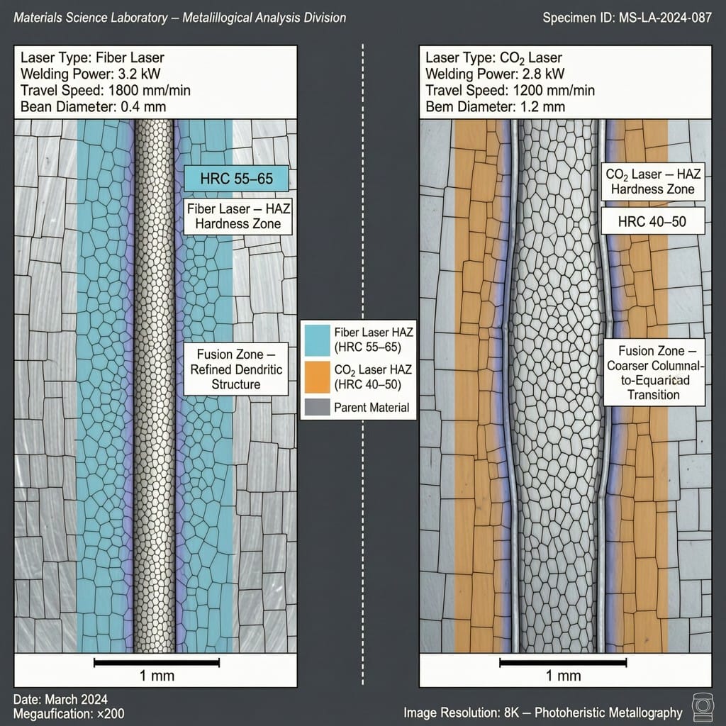 Microscopic cross-section comparison of fiber and CO2 laser welds showing hardness gradient and penetration depth differences