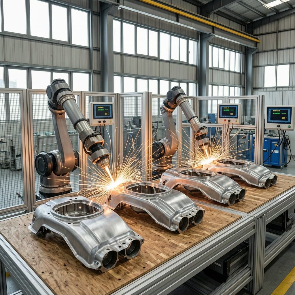 Robotic arms executing pulsed and CW laser welding on metal components in industrial setting