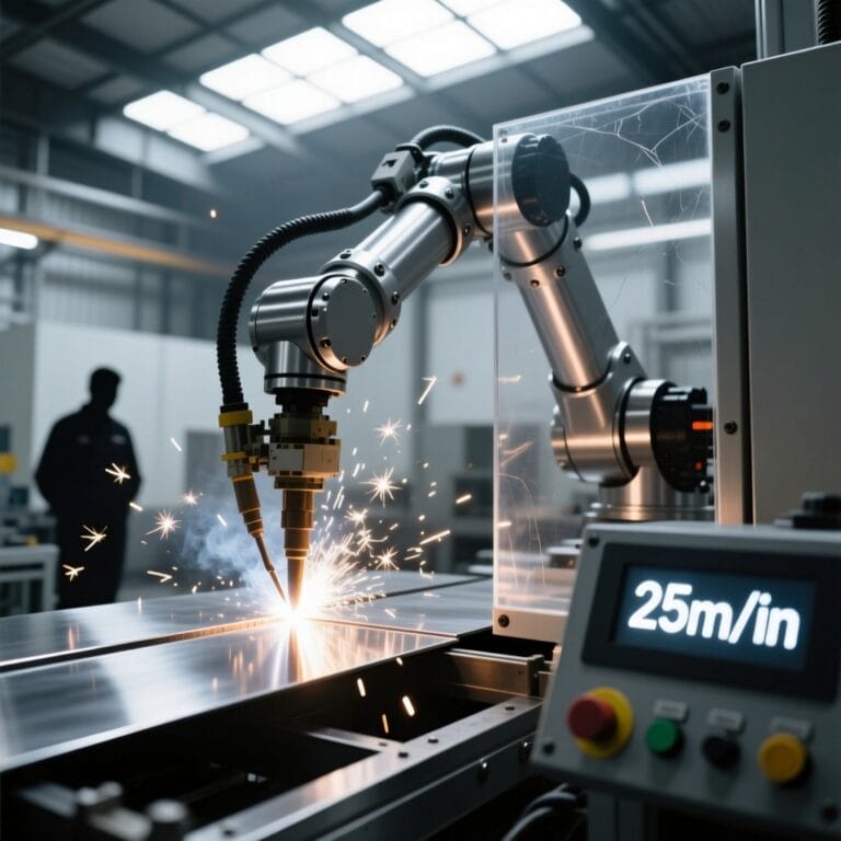 Robotic fiber laser performing high-speed fillet weld on stainless steel with real-time speed display