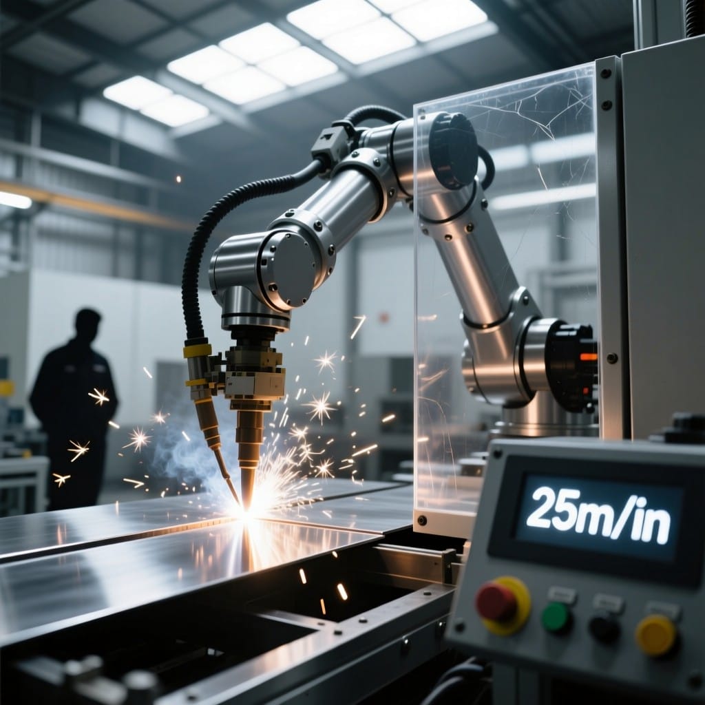 Robotic fiber laser performing high-speed fillet weld on stainless steel with real-time speed display