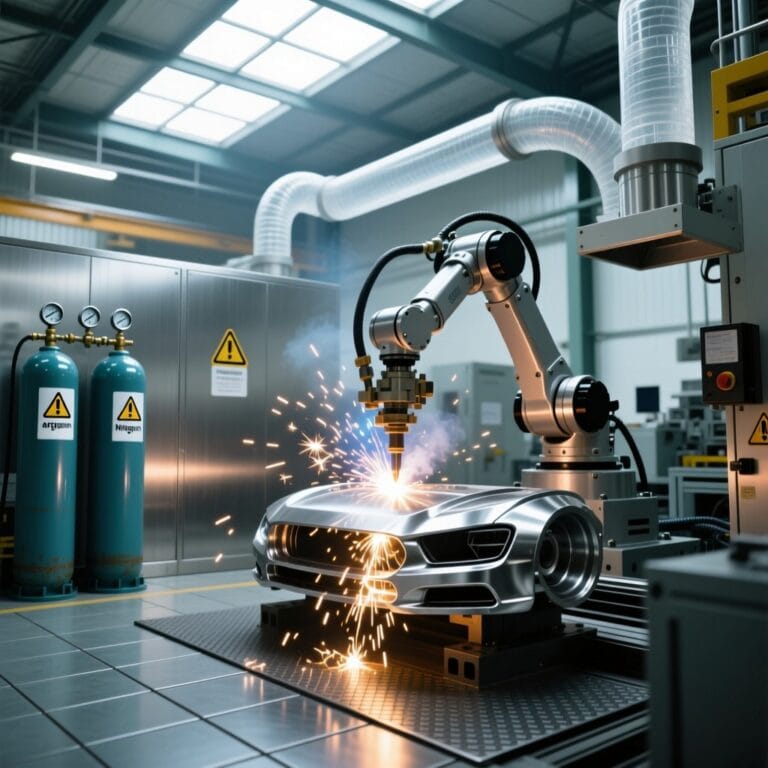 Robotic fiber laser welding stainless steel with labeled argon and nitrogen gas cylinders in industrial setting