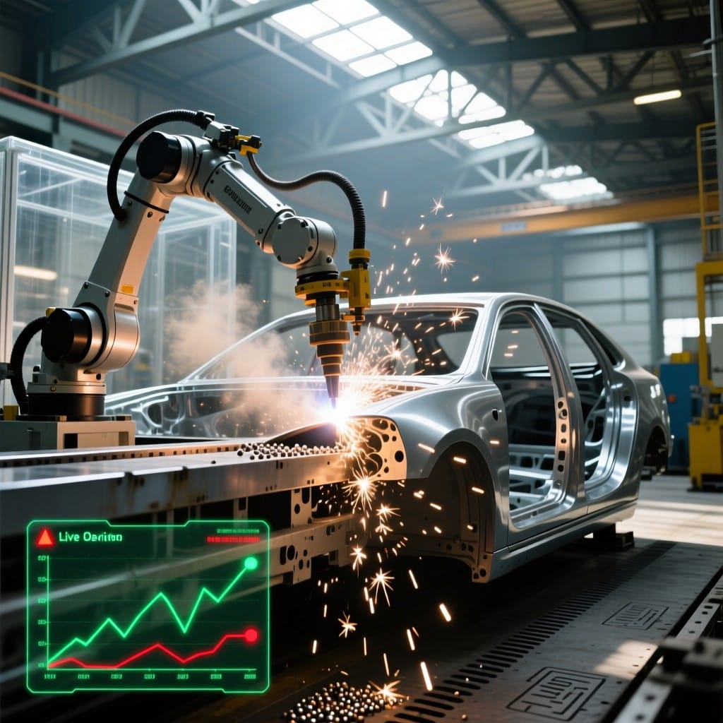 Robotic fiber laser welding system performing automated seam tracking on automotive chassis with real-time deviation overlay