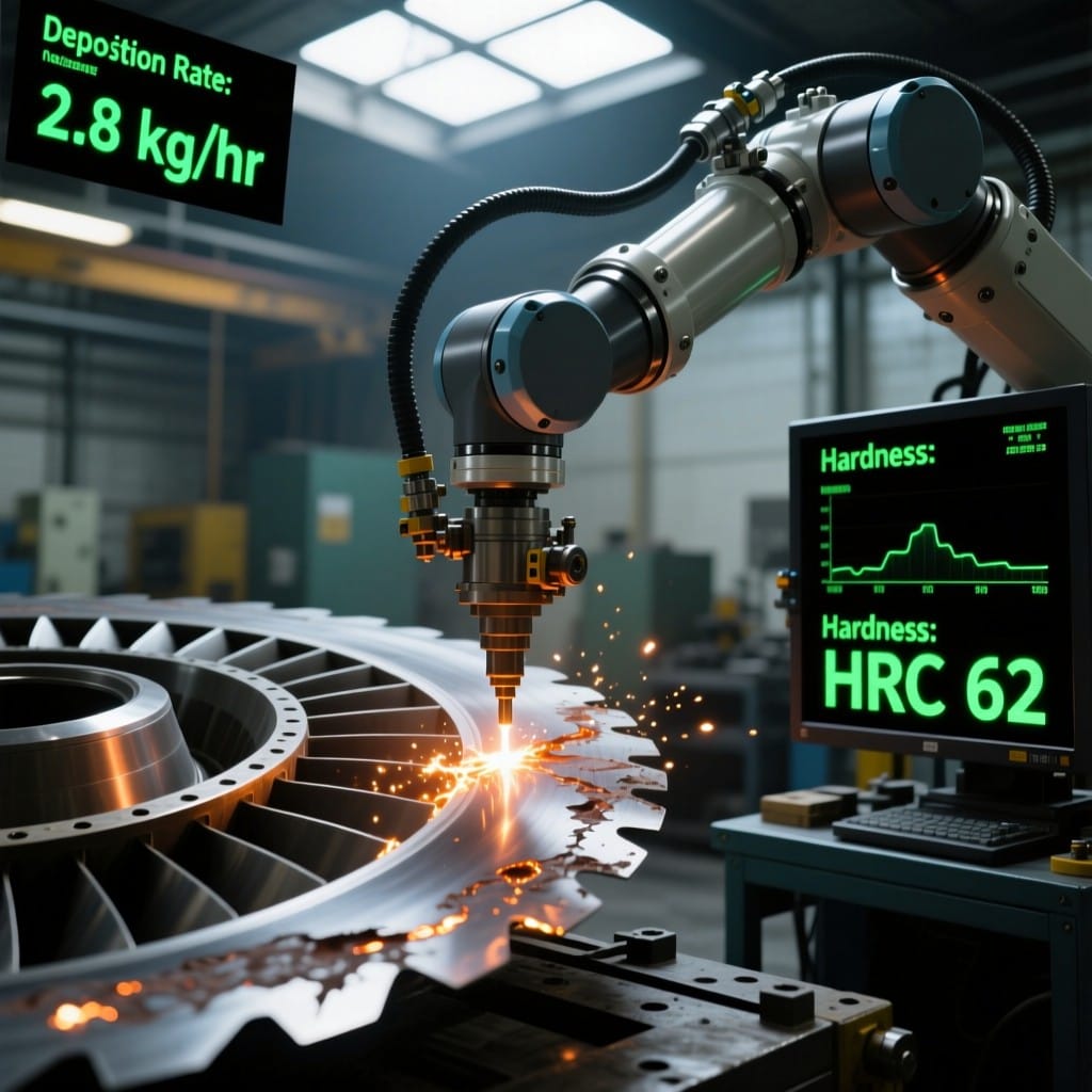 Robotic laser cladding on turbine blade with live deposition rate and hardness data overlay