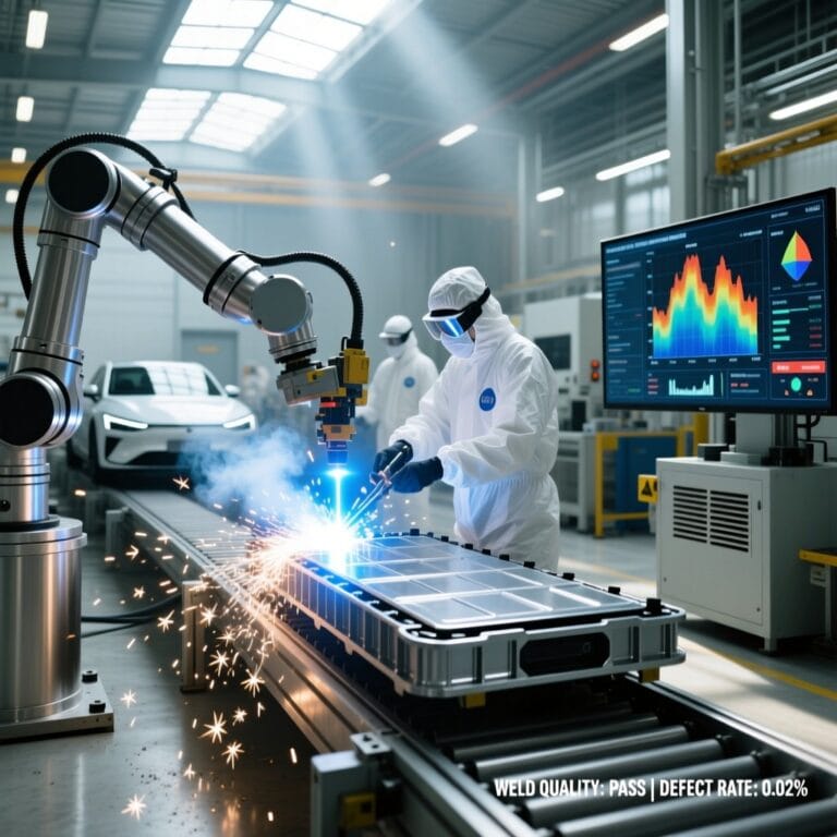 Robotic laser welding of EV battery tray in automotive factory with real-time monitoring