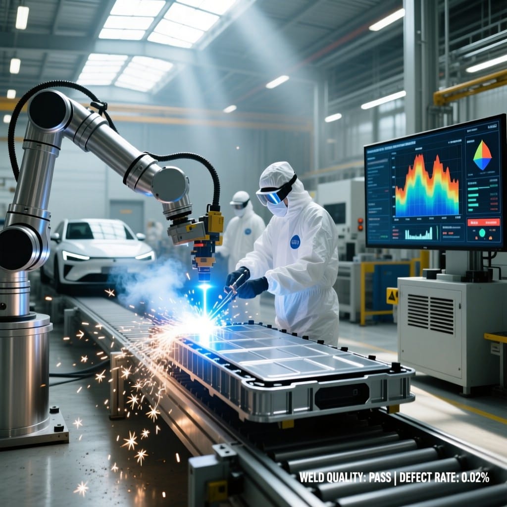 Robotic laser welding of EV battery tray in automotive factory with real-time monitoring