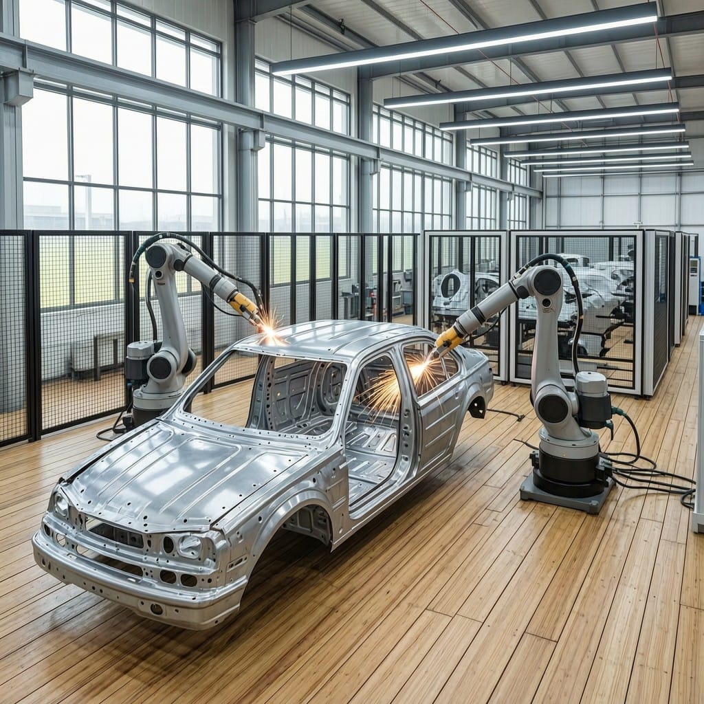 Robotic laser welding system operating on automotive chassis in controlled factory environment