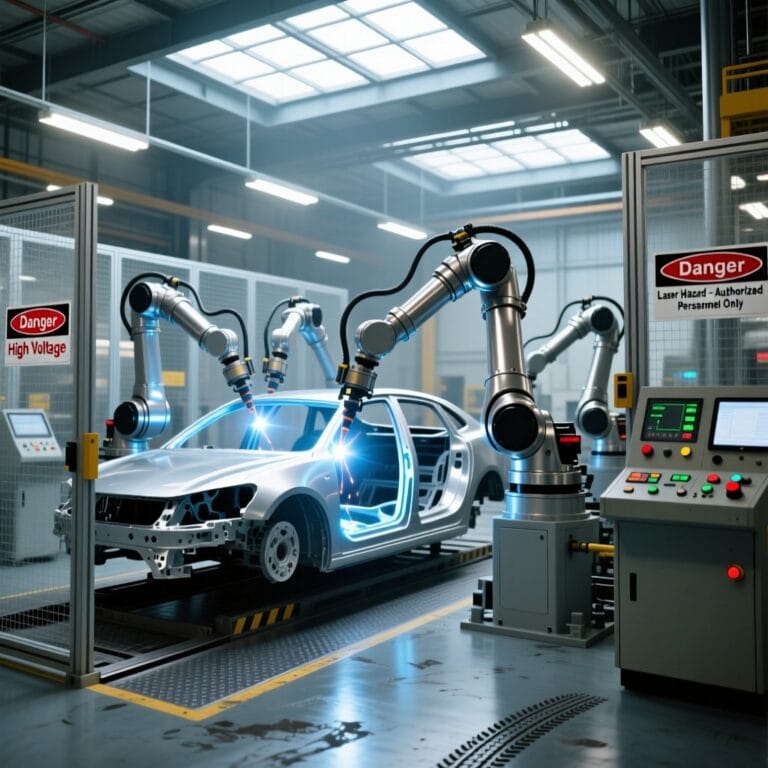 Robotic welding cell in action on automotive parts with integrated fiber laser system