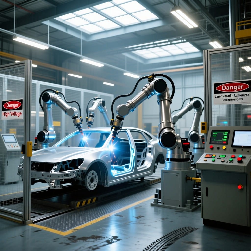 Robotic welding cell in action on automotive parts with integrated fiber laser system