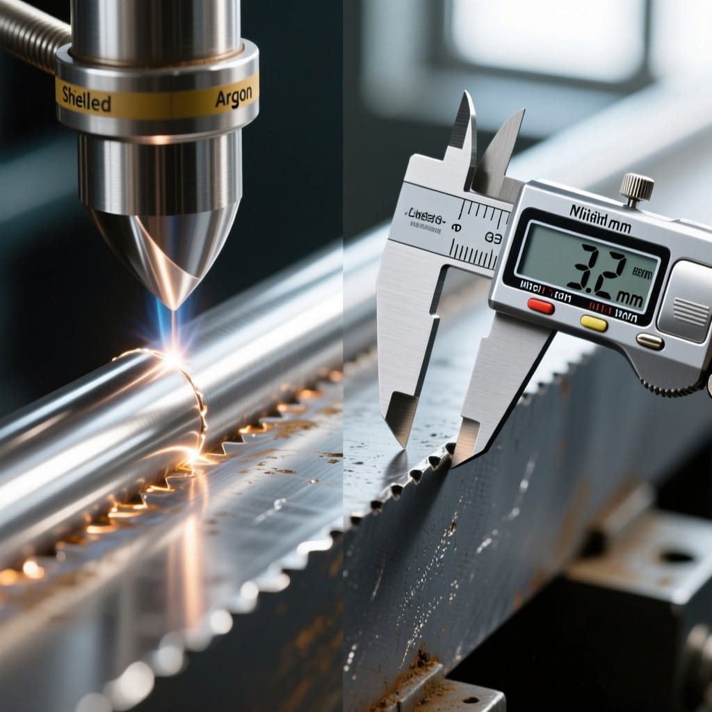 Side-by-side comparison of argon vs nitrogen laser weld seams on stainless steel with measurement tools