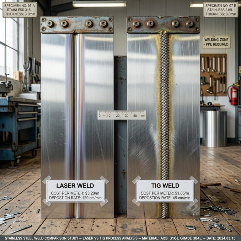 Side-by-side cost per meter welding comparison between laser and TIG methods with labeled performance metrics