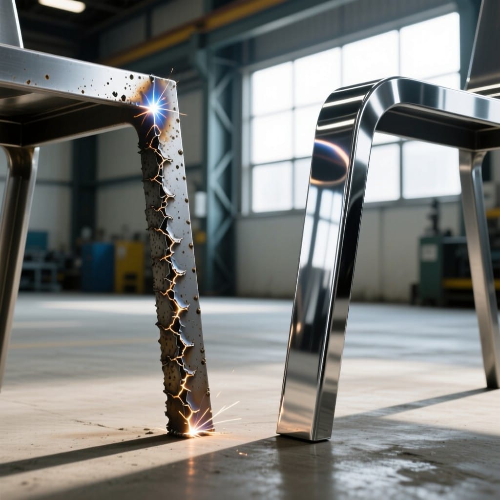 Side-by-side: rough MIG weld vs smooth fiber laser weld on metal furniture legs