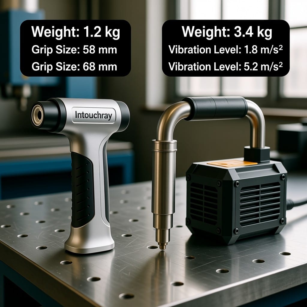 Side-by-side technical comparison of Intouchray ergonomic torch vs conventional laser torch highlighting weight and vibration specs