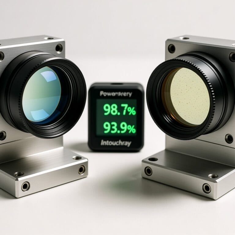 Side-by-side transmission test showing Intouchray OEM lens at 98.7% vs third-party lens at 93.9% due to coating degradation
