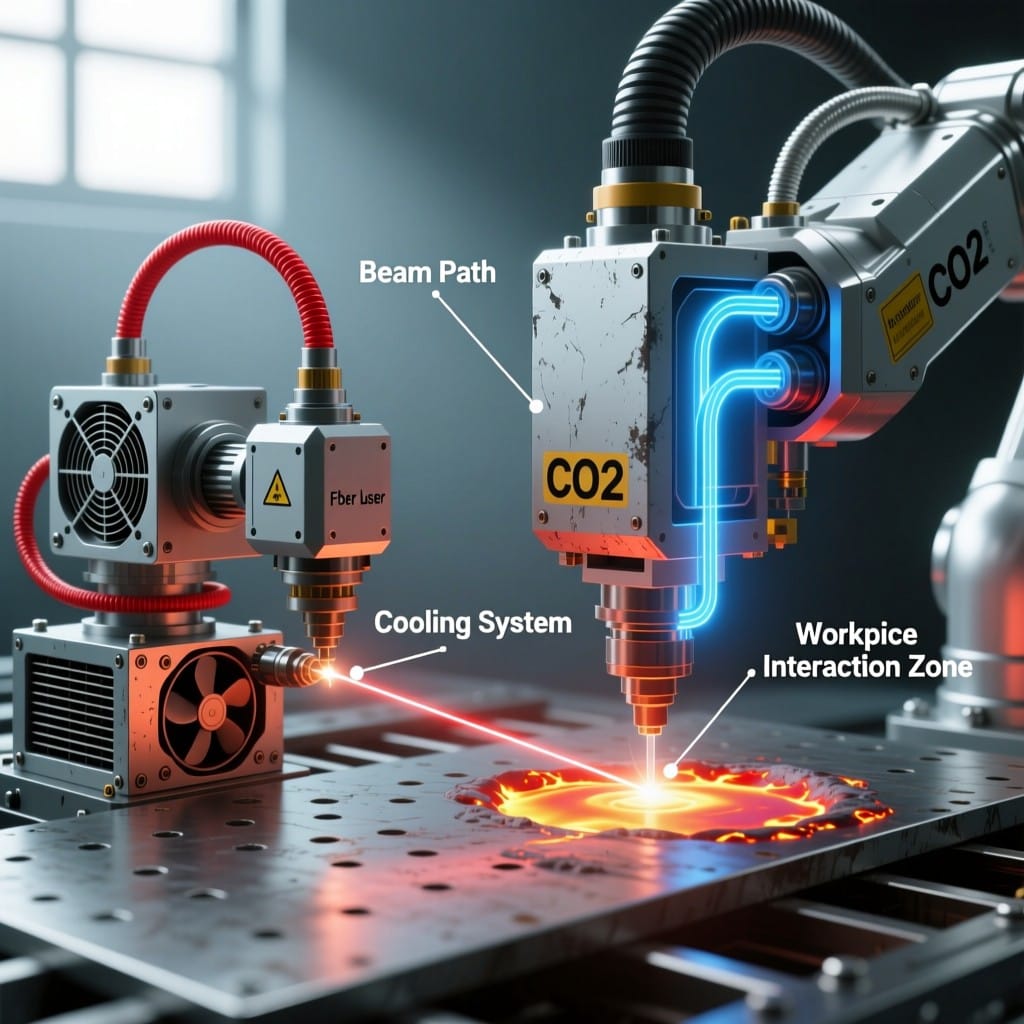 Technical comparison of fiber laser vs CO2 laser robotic welding heads with labeled components