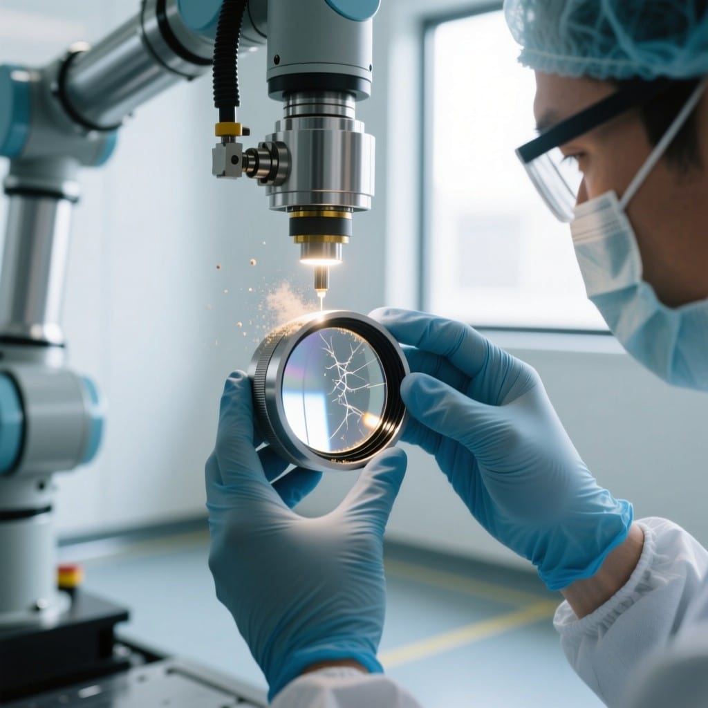 Technician inspecting laser welding optics under controlled lighting to detect micro-contamination before performance degradation occurs