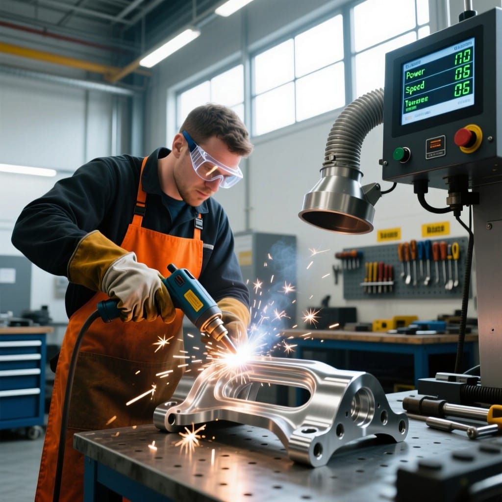 Technician performing handheld laser welding on stainless steel component in clean, well-lit workshop environment