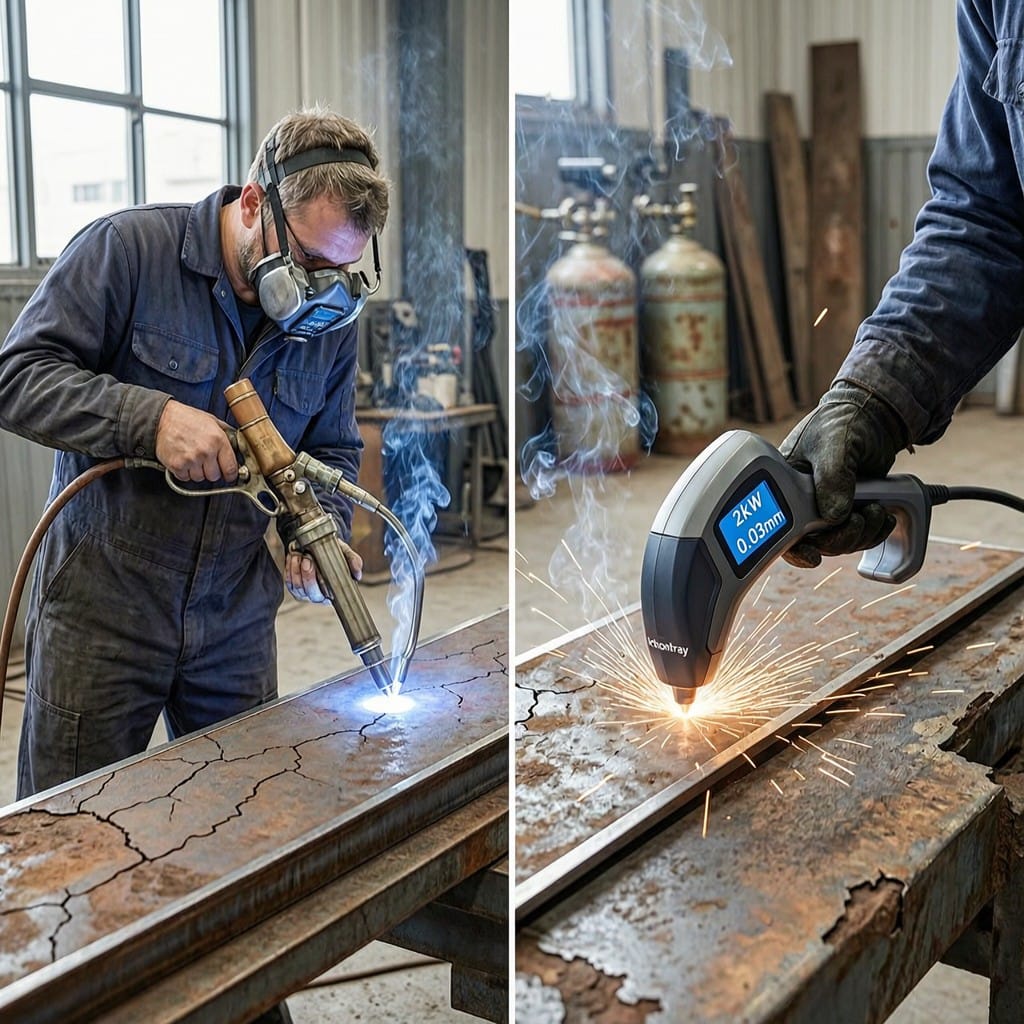 TIG welding vs Intouchray portable laser welding — equipment size, spark containment, and precision readout comparison