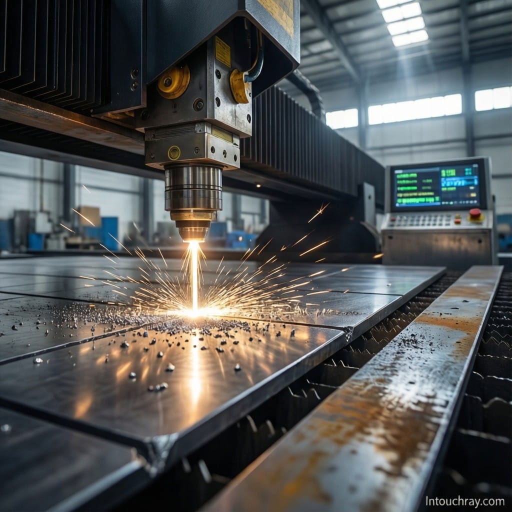 Fiber laser cutting machine processing thick steel plates in a modern factory