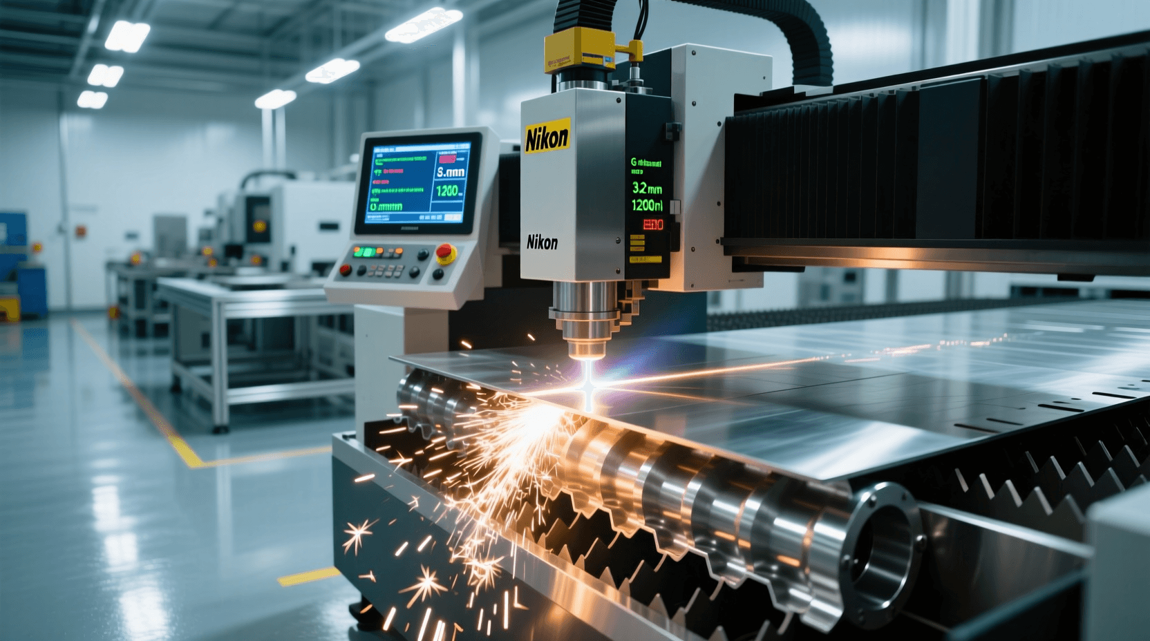 An industrial laser cutting machine cutting a stainless steel plate for heat exchanger fabrication i