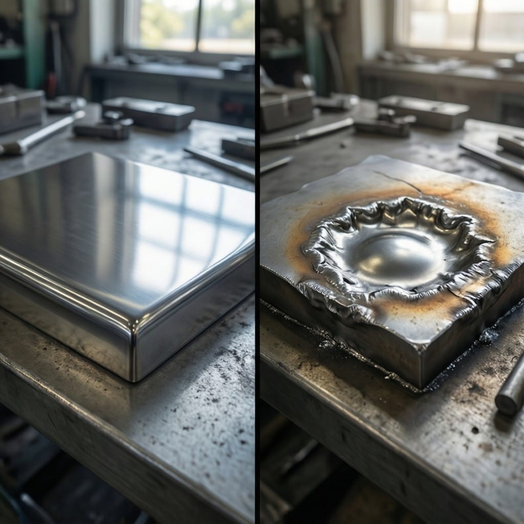 Comparison of clean laser weld versus dented resistance weld on battery tabs