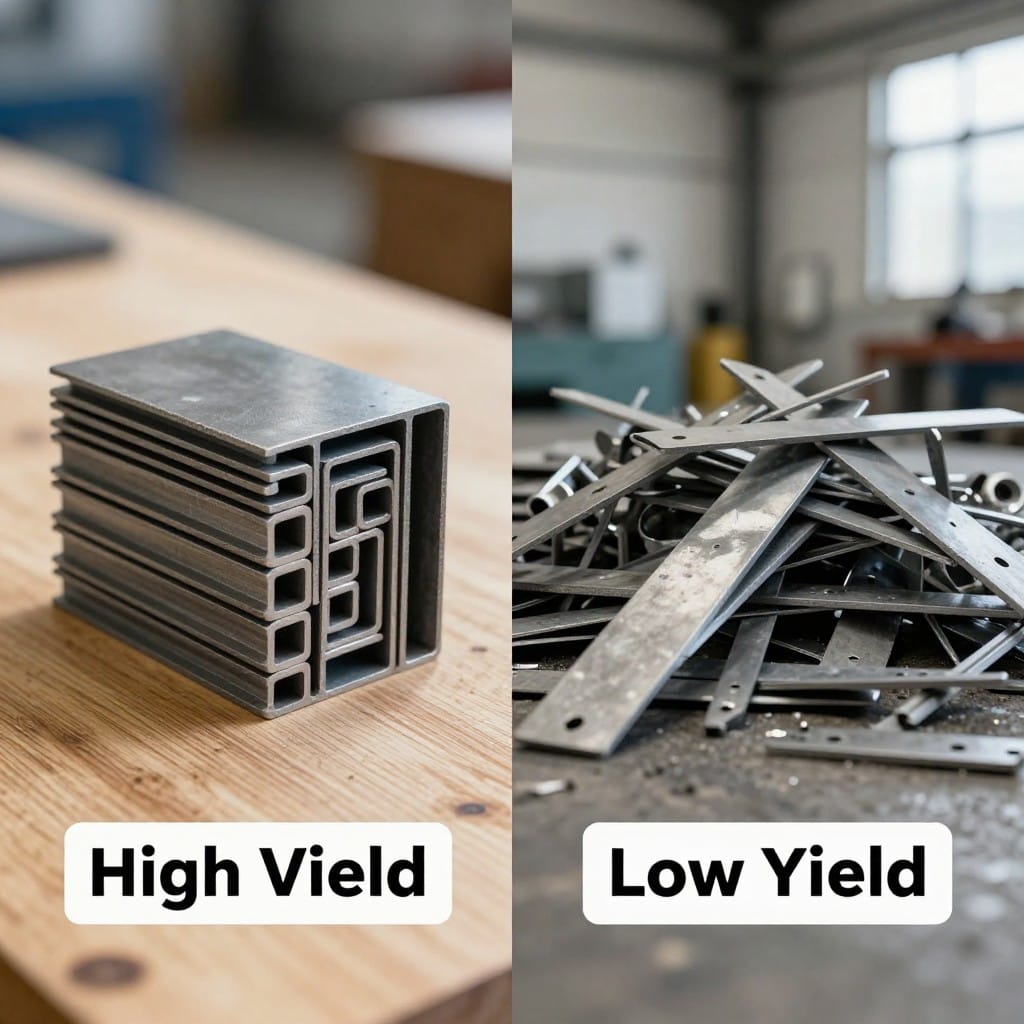 Comparison of efficient heavy plate nesting software yield versus inefficient cutting waste