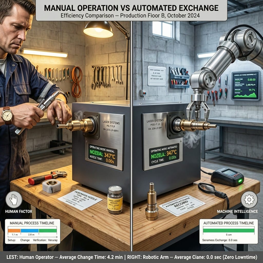 Comparison of manual versus automated nozzle changing processes in laser cutting