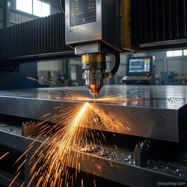 Fiber laser head cutting 50mm carbon steel plate with precision sparks