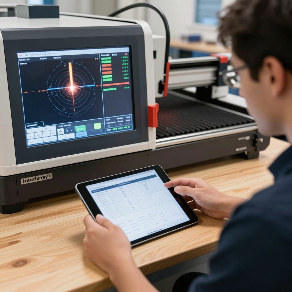 Engineer monitoring intelligent piercing parameters on Intouchray laser system dashboard