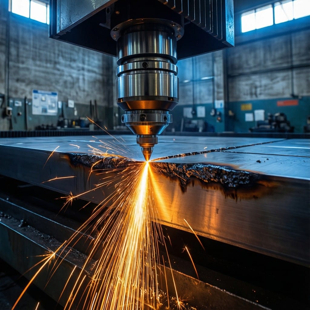 Fiber laser head cutting 50mm carbon steel plate with precision sparks