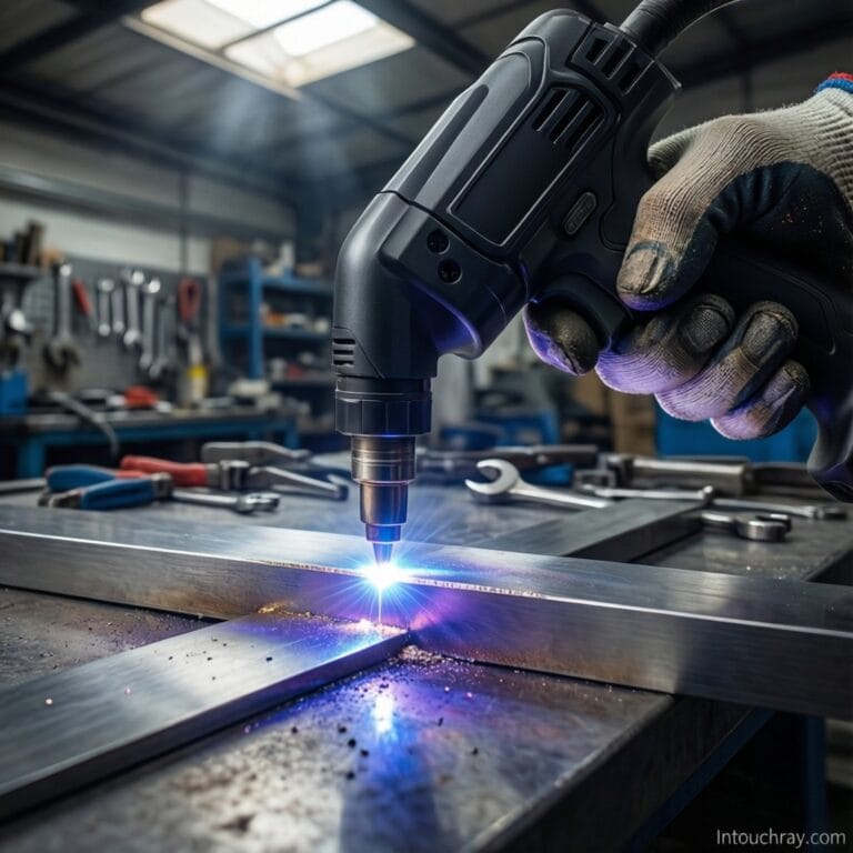 Worker using handheld fiber laser welding system on stainless steel in modern workshop showing handheld laser welding market