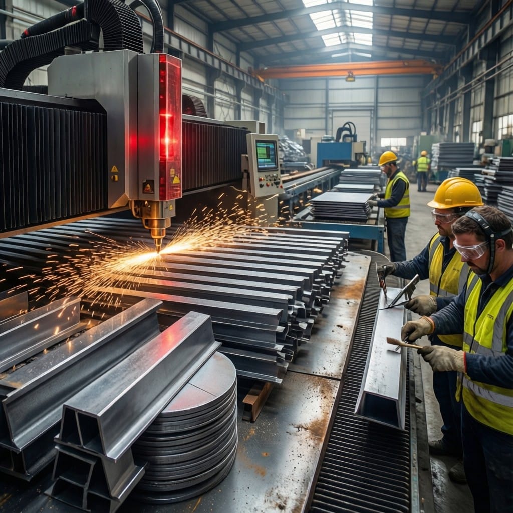 Industrial factory floor with fiber laser machine cutting heavy steel plates