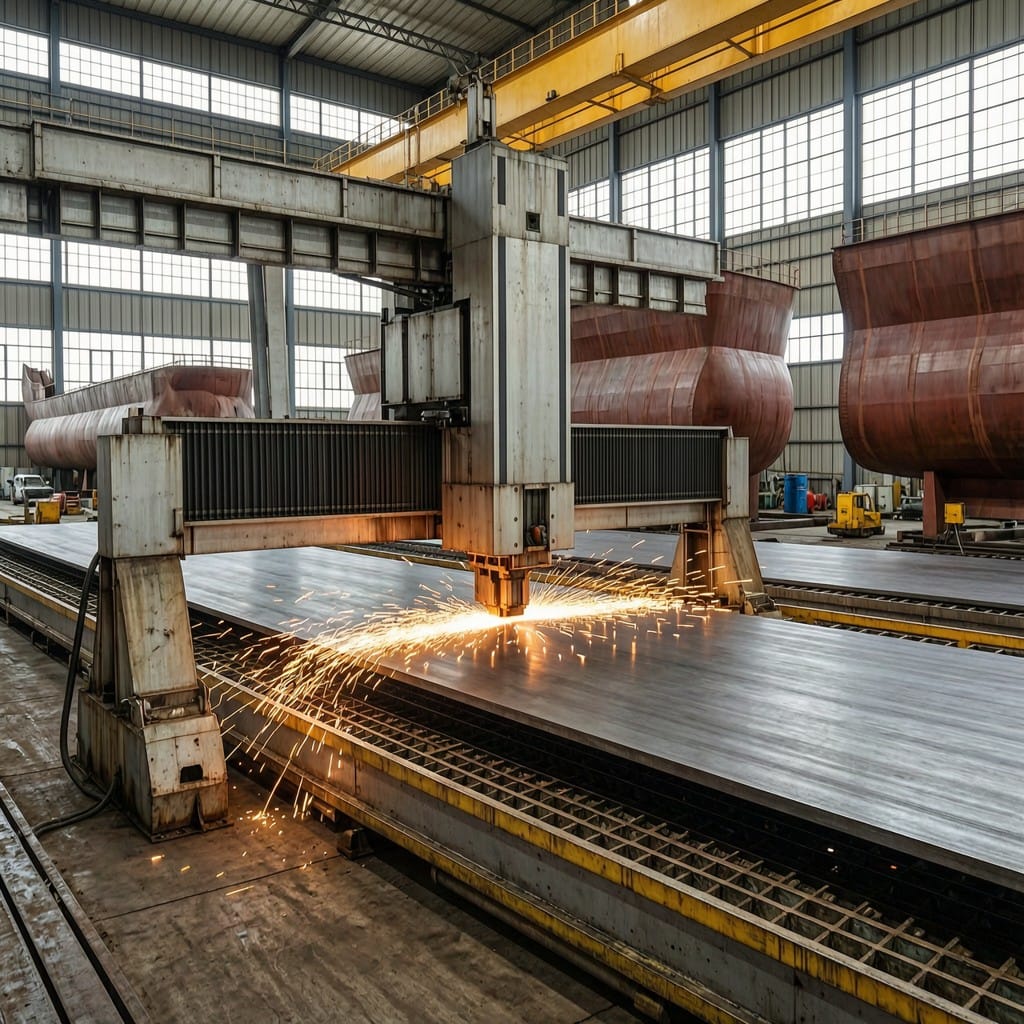 Large fiber laser cutter with stable gantry processing thick steel plate in a shipyard