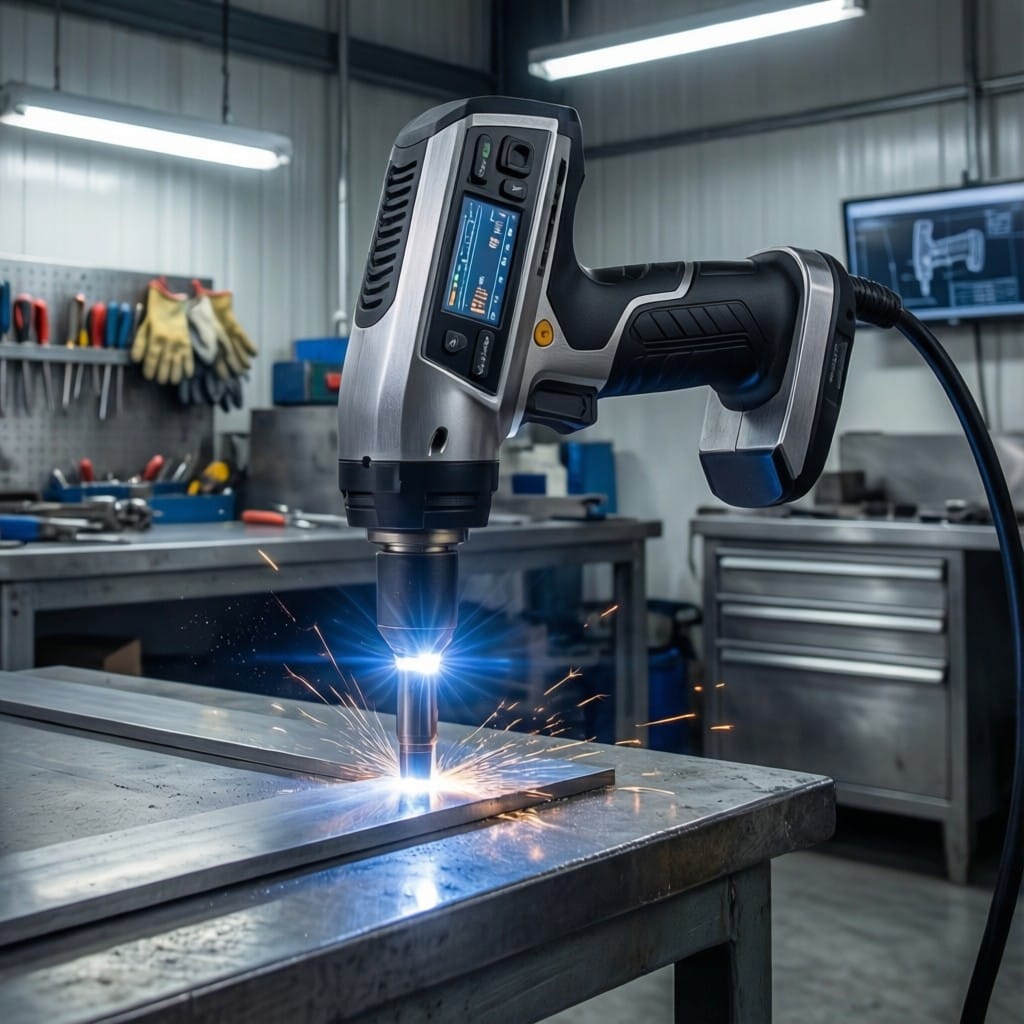 Technician performing handheld laser welding on stainless steel bracket with laser machines LW-1500F unit