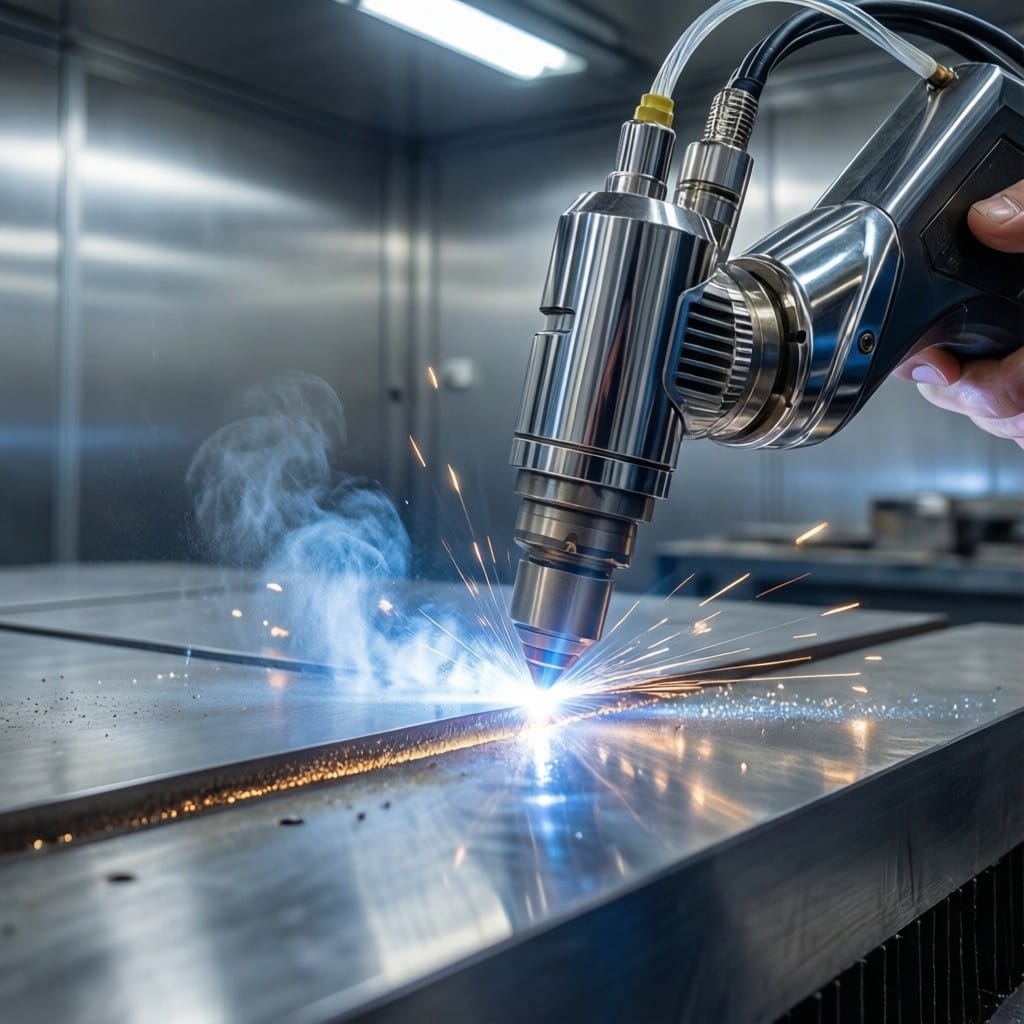 Side-by-side comparison of handheld laser and MIG workstations integrated into shared CNC bending line