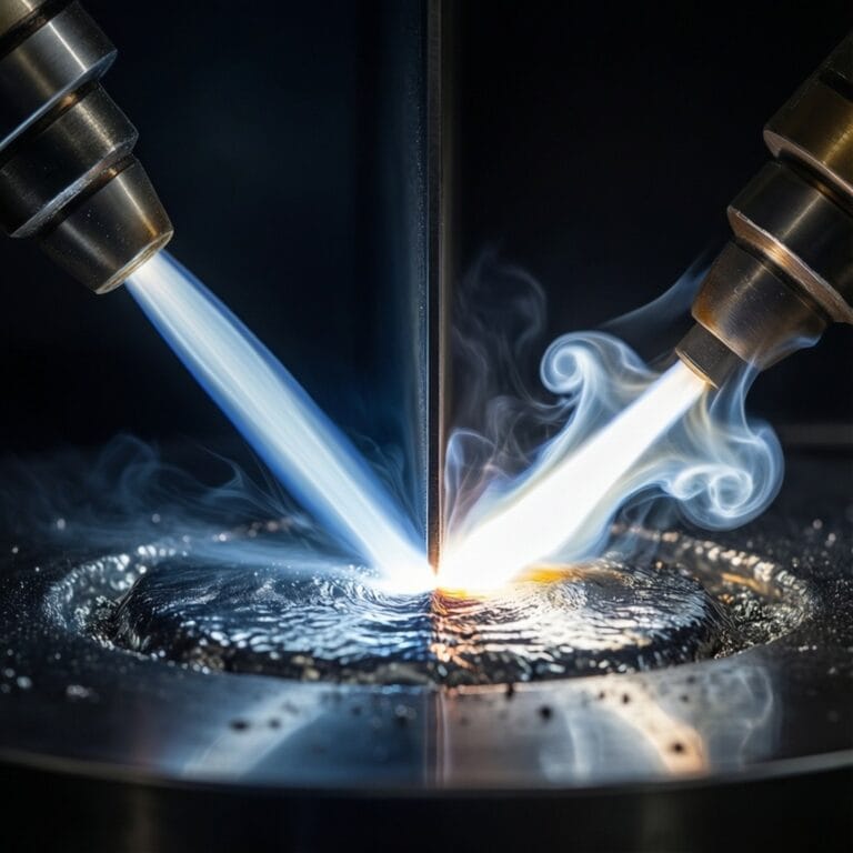 Close-up view of laser processing for Argon vs. Nitrogen: Assist Gas Selection i for Argon vs. Nitrogen: Assist Gas Selectio