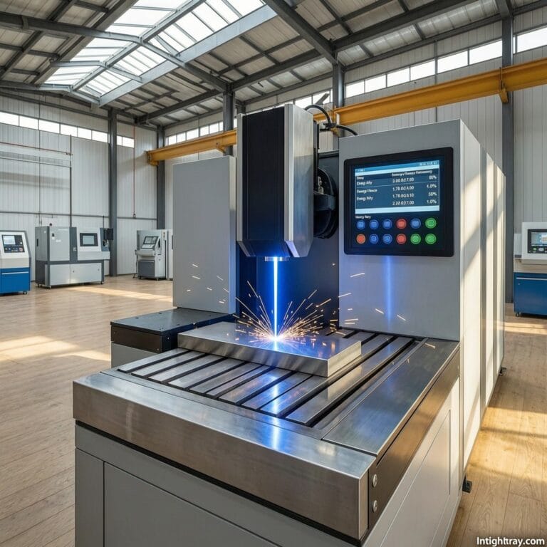 Robotic laser welding cell displaying real-time energy consumption data and efficiency metrics on digital monitor
