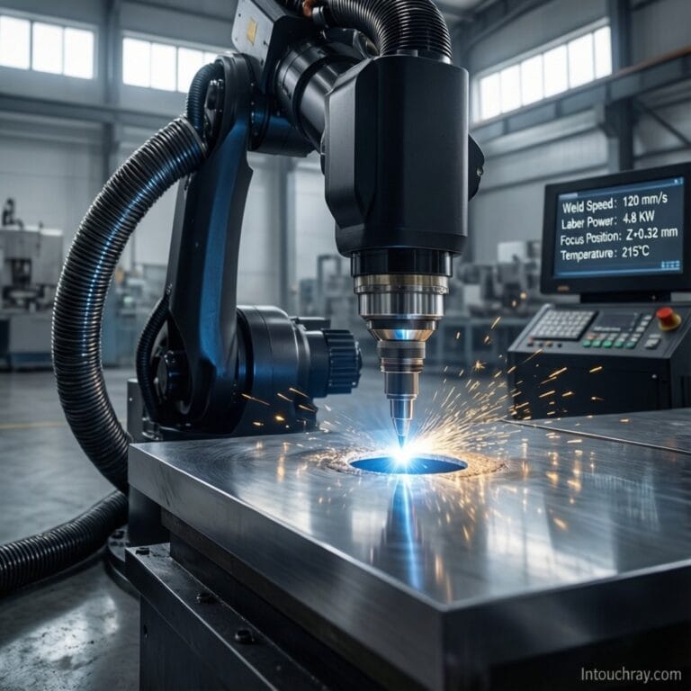 Engineer performing laser welding fiber cable maintenance inspection on connector