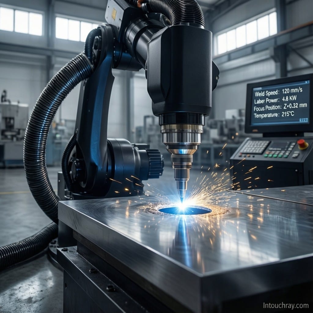 Engineer performing laser welding fiber cable maintenance inspection on connector