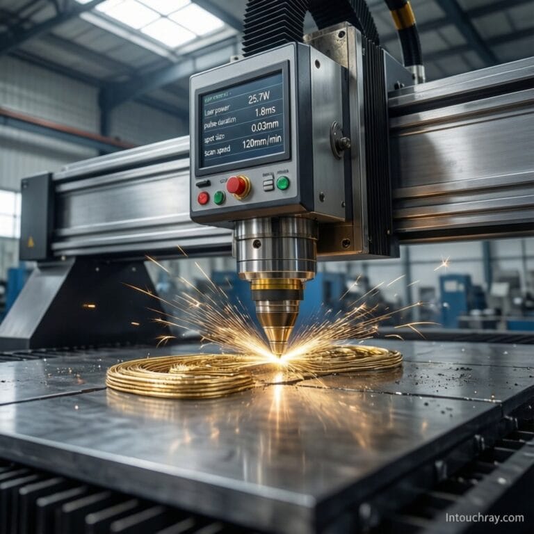 Fiber laser system executing micro laser welding jewelry applications on gold setting with blue safety lighting