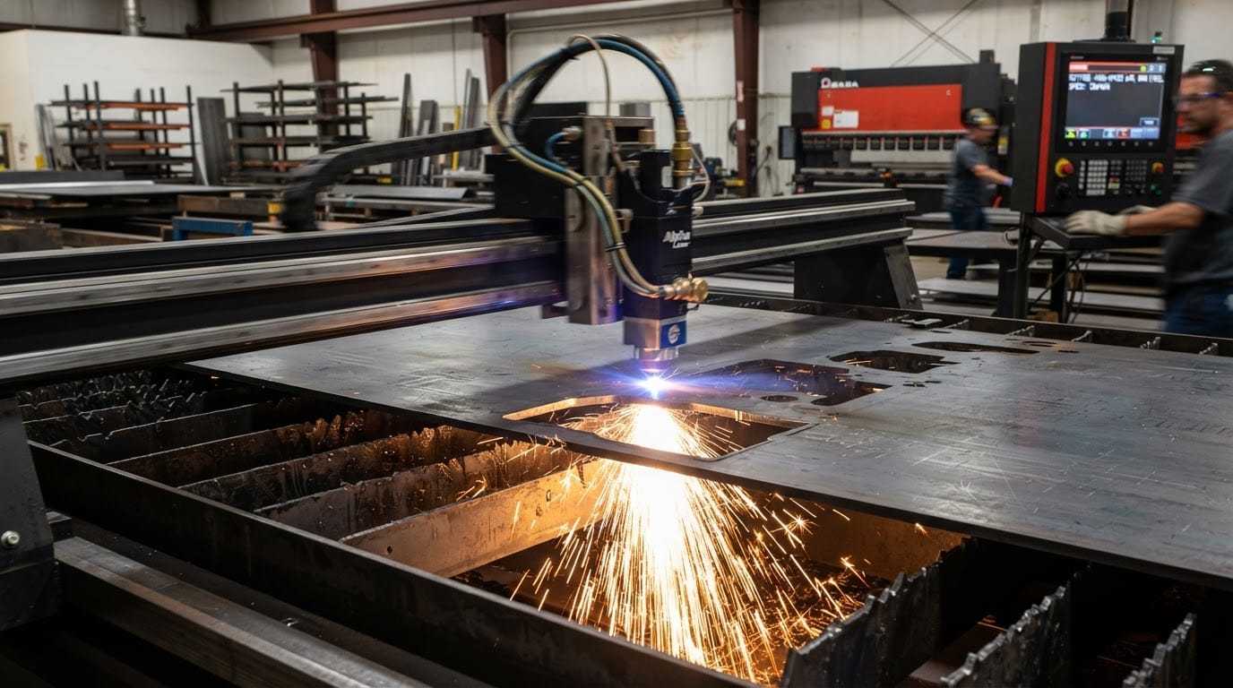 Fiber laser cutting machine performing high-speed air cutting on steel plate with compressed air assist gas