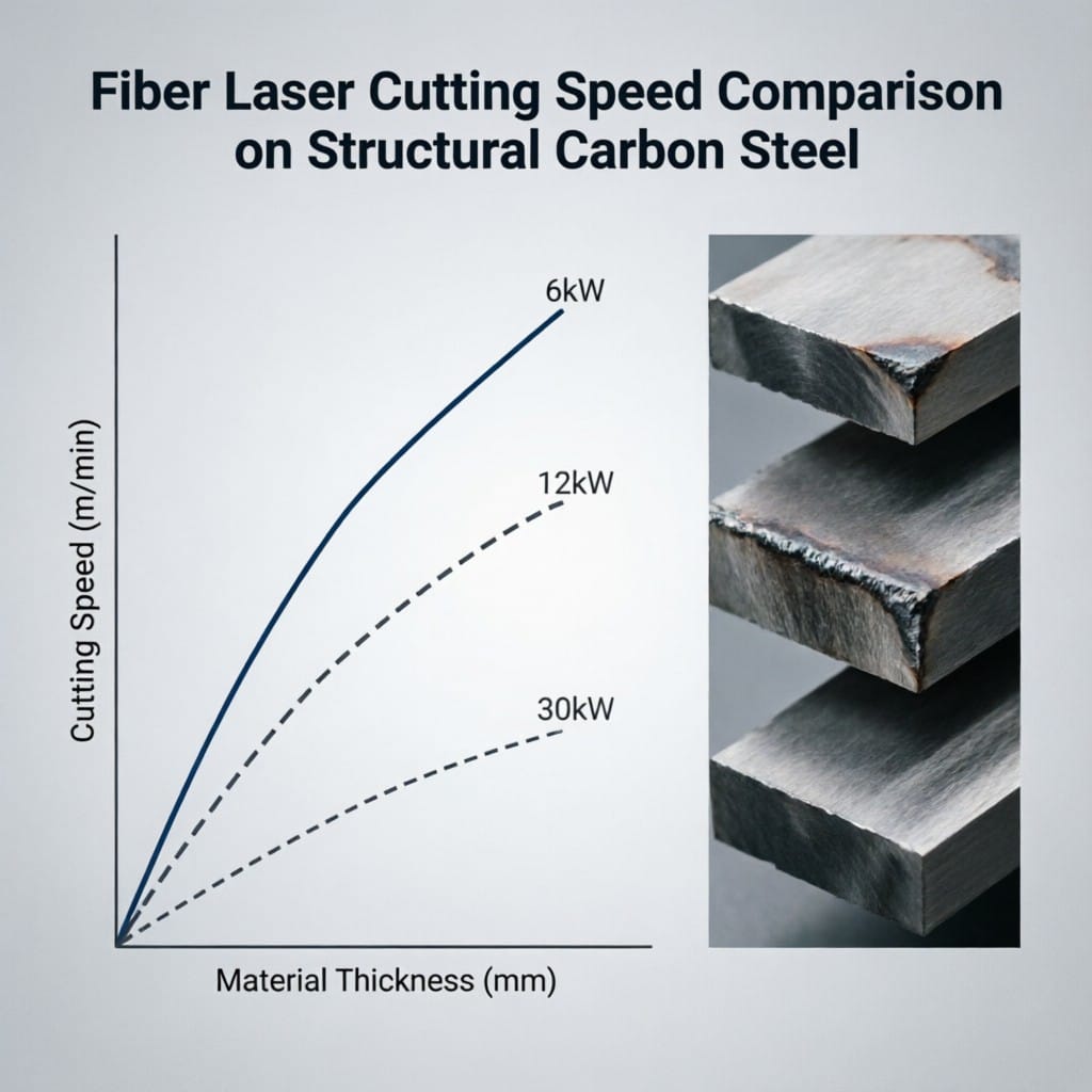 Cutting speed comparison chart for fiber laser power levels on structural steel