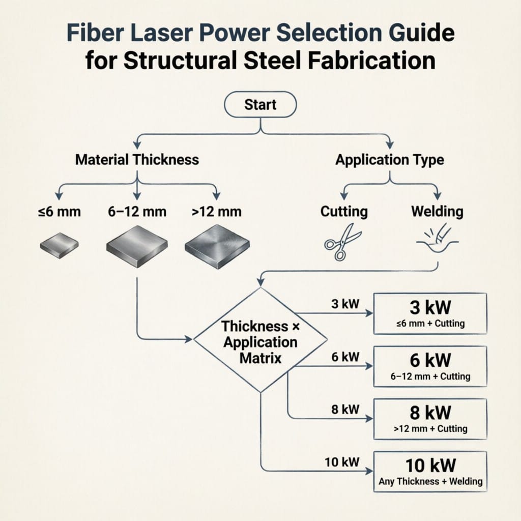 Equipment selection flowchart for structural steel laser fabrication by thickness and application