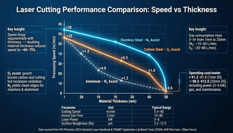 fiber laser cutting speed vs thickness performance comparison chart dark dashboard benchmark data