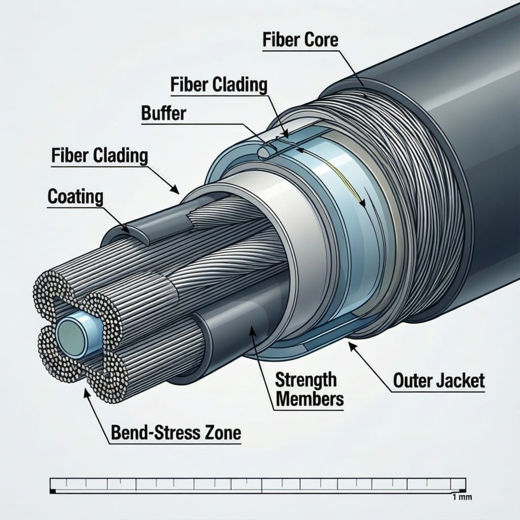 Fiber delivery cable cross-section showing core, cladding, buffer and jacket