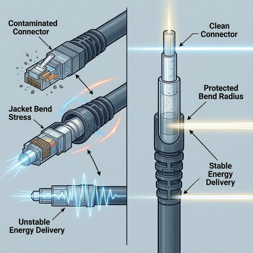 Fiber delivery cable maintenance before-and-after optical stability schematic