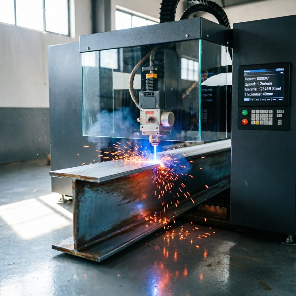 Fiber laser cutting system processing structural steel beams for high-rise fabrication